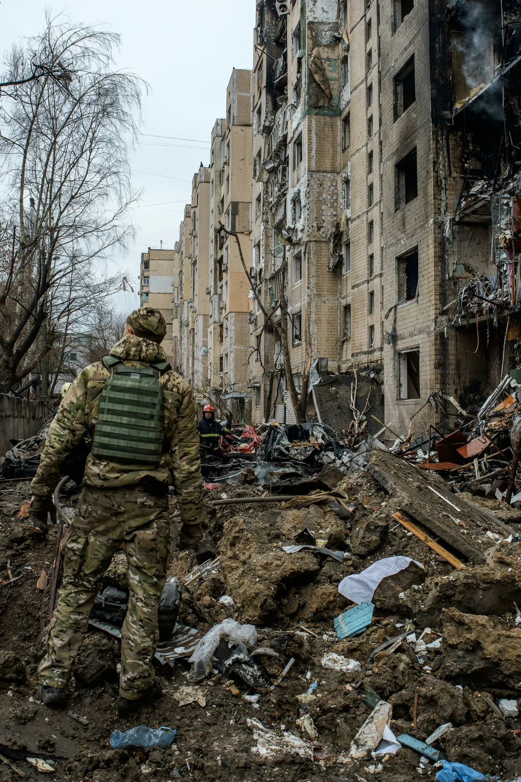A damaged residential building in Ukraine during the war